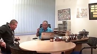 Two Old Guys Fuck Teenager With Glasses At Office - German Retro